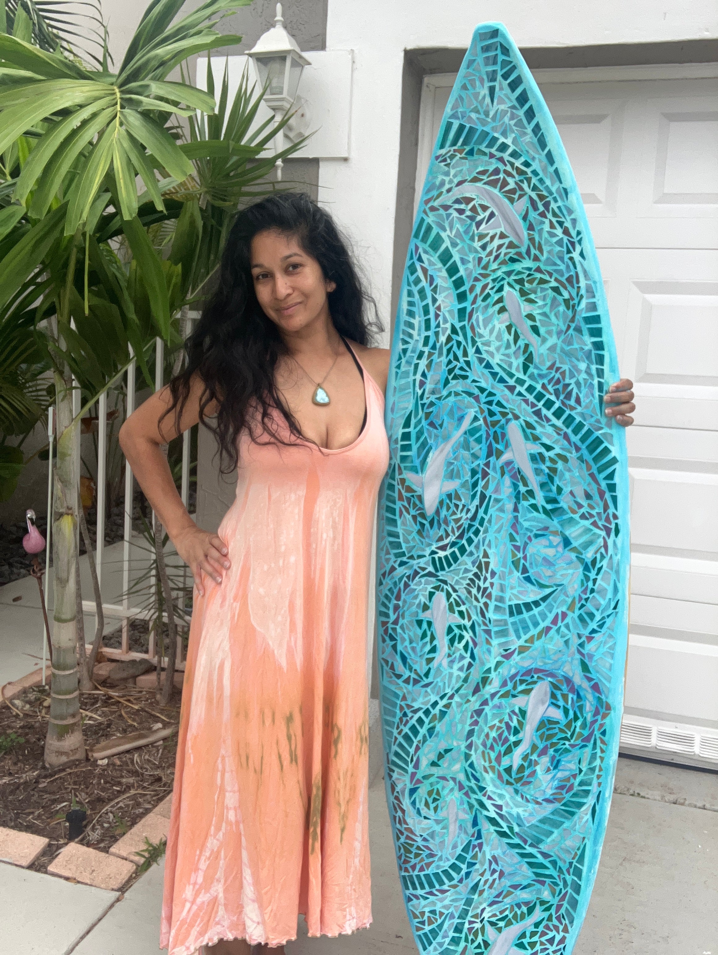 Sharks in the Blue Custom Stained Glass Mosaic Surfboard