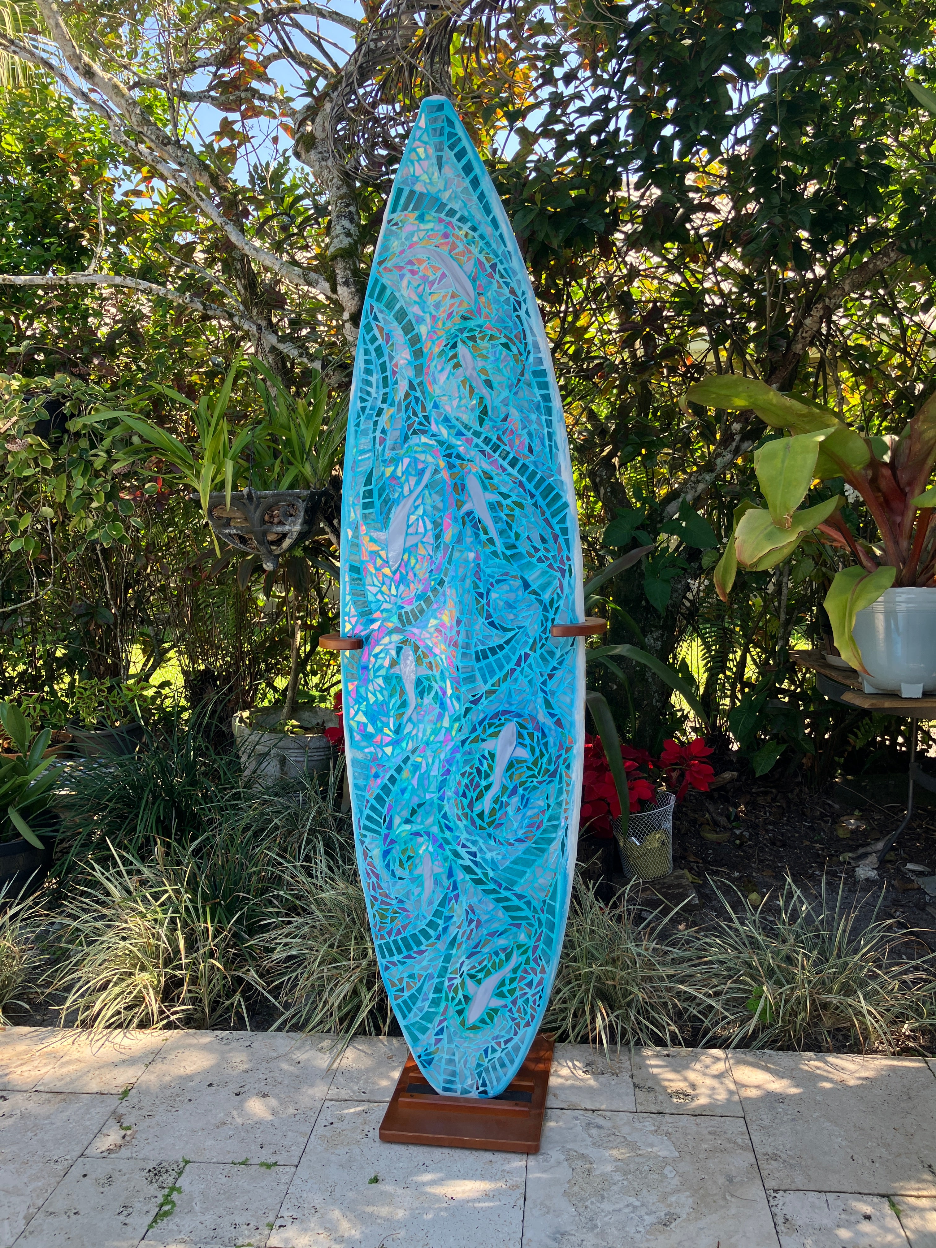 Sharks in the Blue Custom Stained Glass Mosaic Surfboard