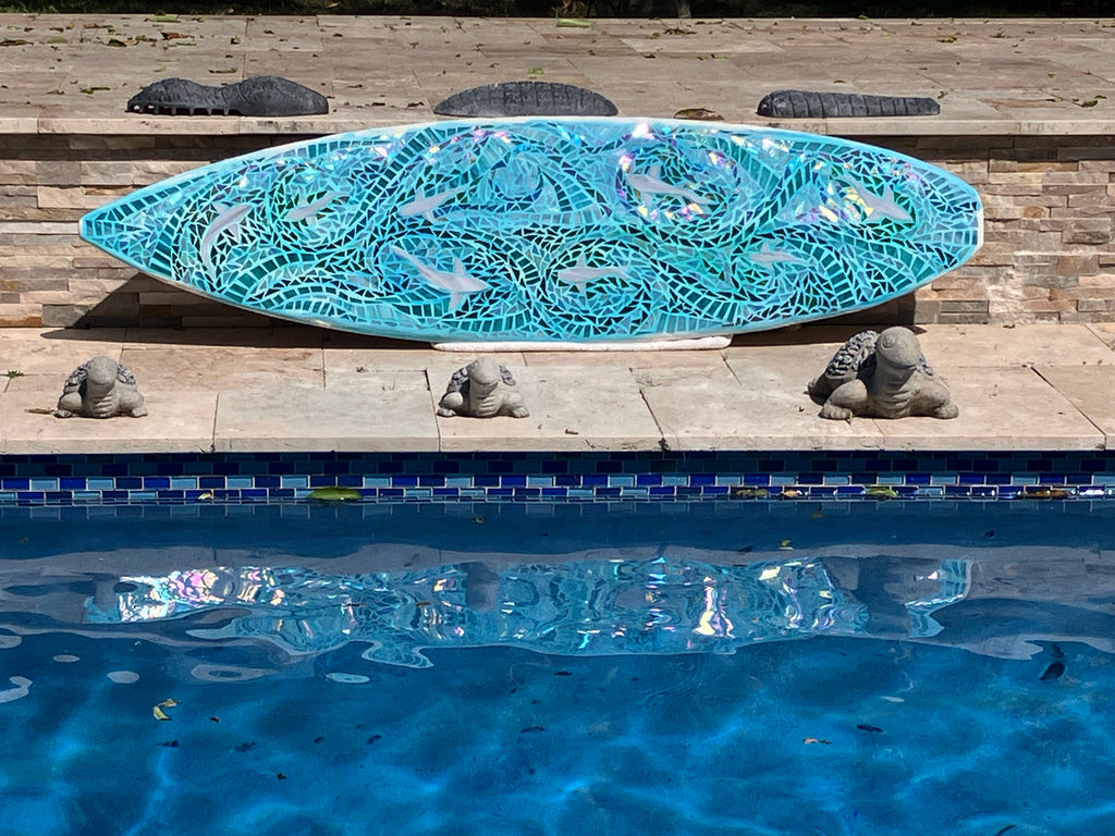 Sharks in the Blue Custom Stained Glass Mosaic Surfboard