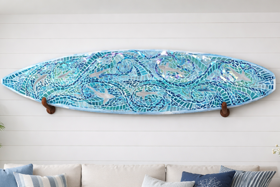 Sharks in the Blue Custom Stained Glass Mosaic Surfboard