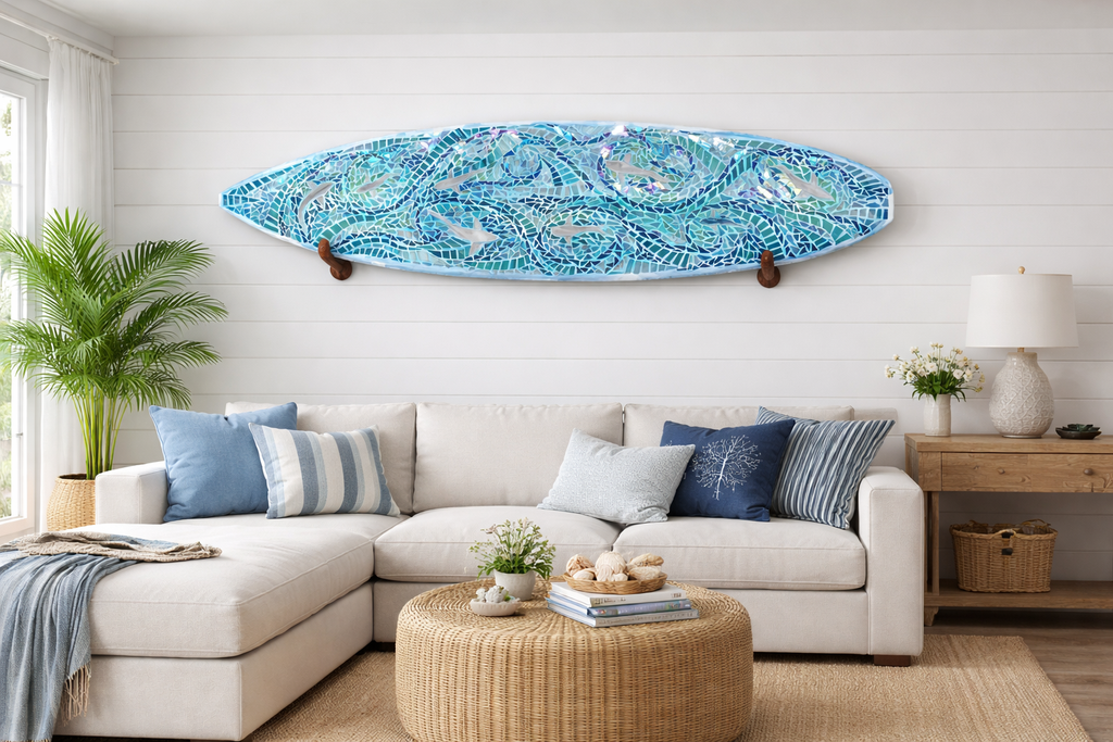 Sharks in the Blue Custom Stained Glass Mosaic Surfboard